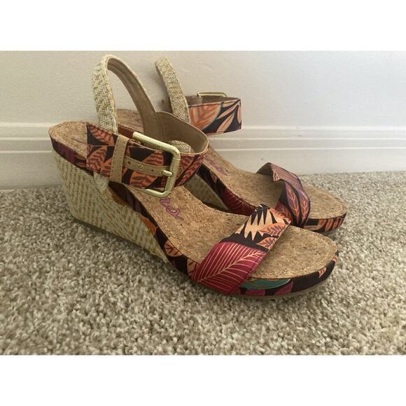 Skechers Hawaiian Floral Aloha Cork Wedge Sandals Heels Women 9 Buckle - Picture 2 of 13